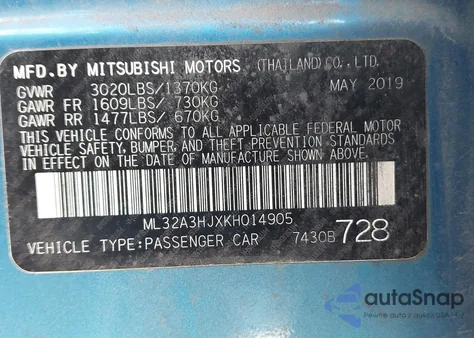 2019 Mitsubishi Mirage Es z USA, uszkodzony, nr VIN ML32A3HJXKH014905